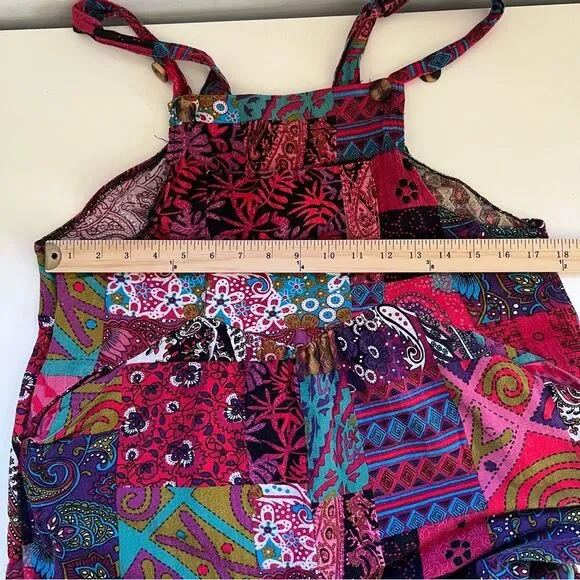 Patchwork Print Overalls Size Small Pockets Wide Leg Boho Festival Hippie - Picture 7 of 9